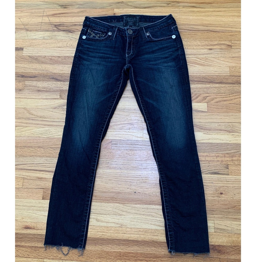 Big Star Liv Women's Skinny Jeans Dark Wash Raw Hem Embroidered Flap Pocket 28